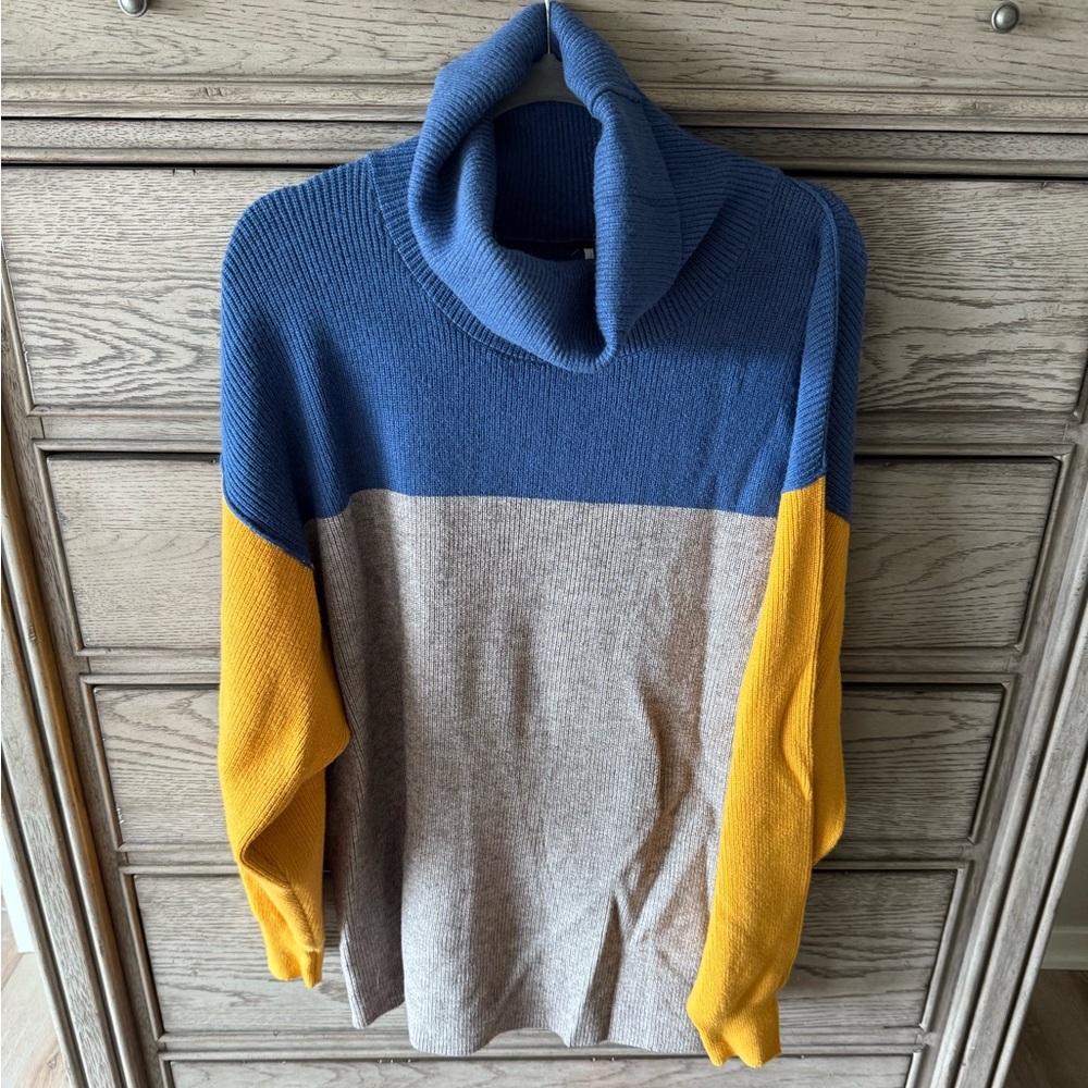 Free People Blue, Gray & Yellow Colorblock Cowl Neck Sweater